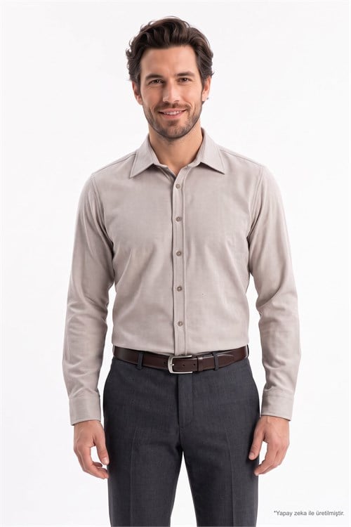 Erkek Slim Fit Dar Kesim Uzun Kollu Dokulu Kışlık Bej Gömlek
