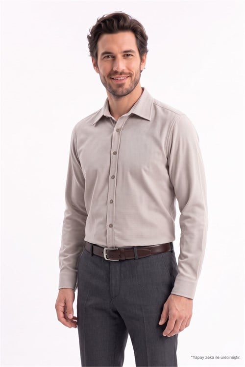 Erkek Slim Fit Dar Kesim Uzun Kollu Dokulu Kışlık Bej Gömlek