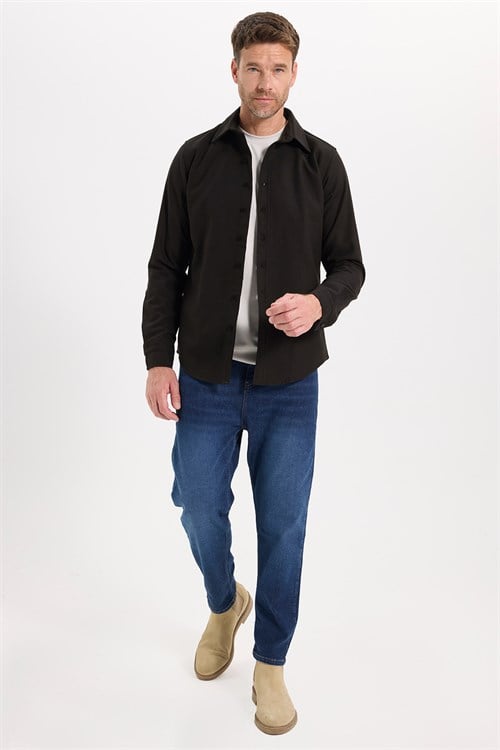 Erkek Slim Fit Dar Kesim Uzun Kollu Dokulu Kışlık Kahverengi Gömlek