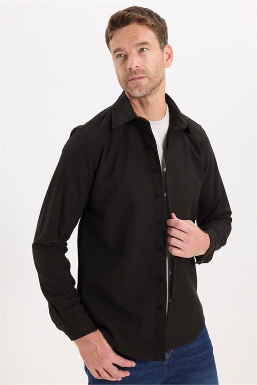 Erkek Slim Fit Dar Kesim Uzun Kollu Dokulu Kışlık Kahverengi Gömlek