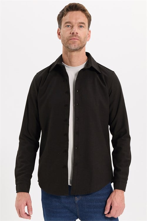 Erkek Slim Fit Dar Kesim Uzun Kollu Dokulu Kışlık Kahverengi Gömlek