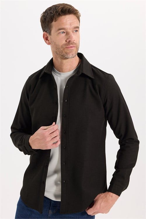 Erkek Slim Fit Dar Kesim Uzun Kollu Dokulu Kışlık Kahverengi Gömlek