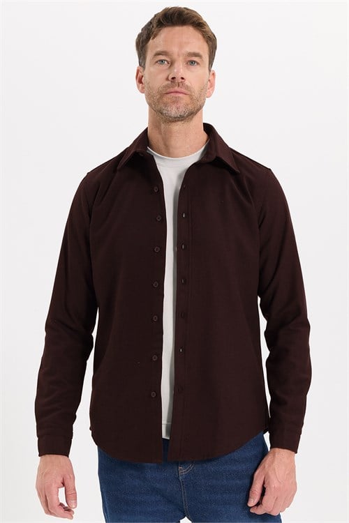 Erkek Slim Fit Dar Kesim Uzun Kollu Dokulu Kışlık Bordo Gömlek