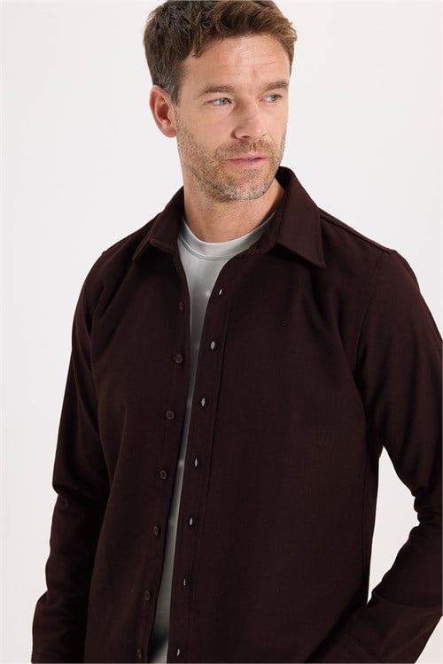 Erkek Slim Fit Dar Kesim Uzun Kollu Dokulu Kışlık Bordo Gömlek