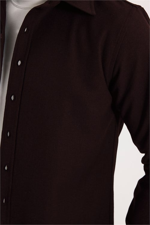 Erkek Slim Fit Dar Kesim Uzun Kollu Dokulu Kışlık Bordo Gömlek