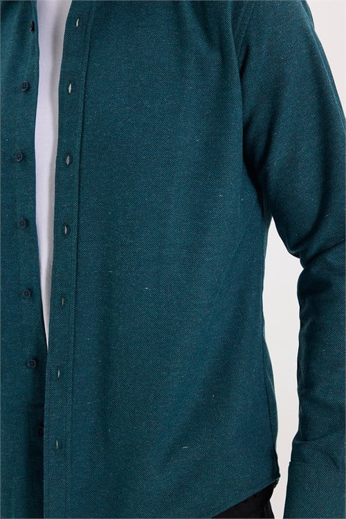 Erkek Slim Fit Dar Kesim Uzun Kollu Dokulu Kışlık Petrol Gömlek