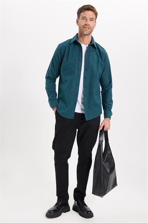 Erkek Slim Fit Dar Kesim Uzun Kollu Dokulu Kışlık Petrol Gömlek