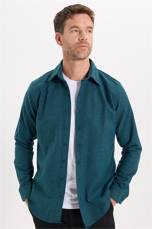Erkek Slim Fit Dar Kesim Uzun Kollu Dokulu Kışlık Petrol Gömlek
