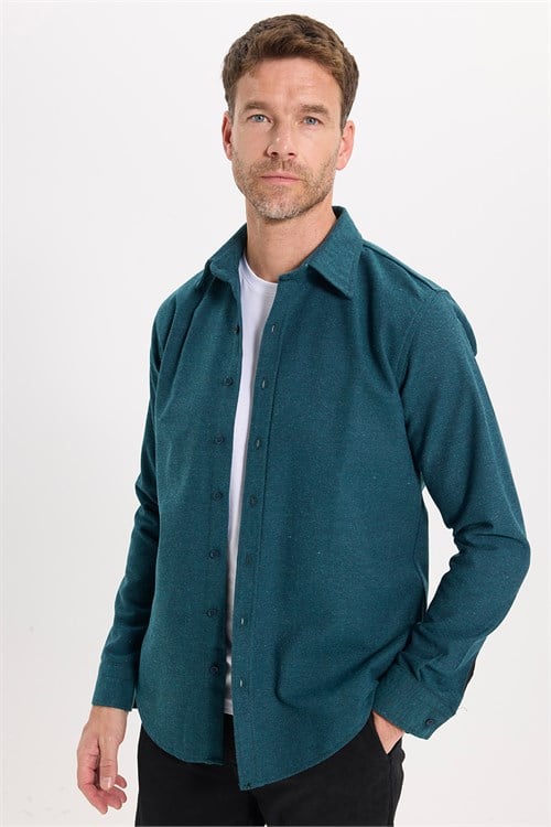 Erkek Slim Fit Dar Kesim Uzun Kollu Dokulu Kışlık Petrol Gömlek