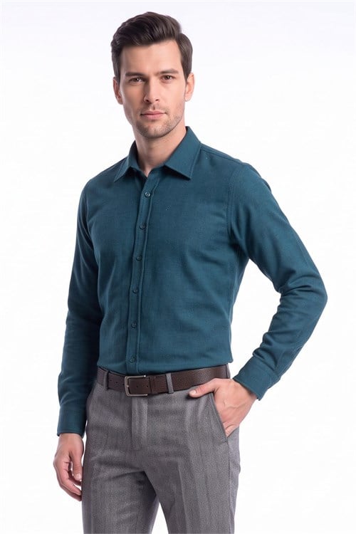 Erkek Slim Fit Dar Kesim Uzun Kollu Dokulu Kışlık Petrol Gömlek