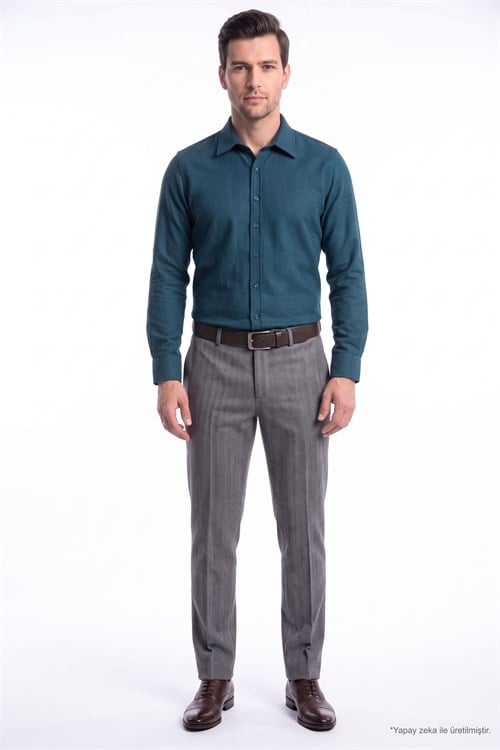 Erkek Slim Fit Dar Kesim Uzun Kollu Dokulu Kışlık Petrol Gömlek