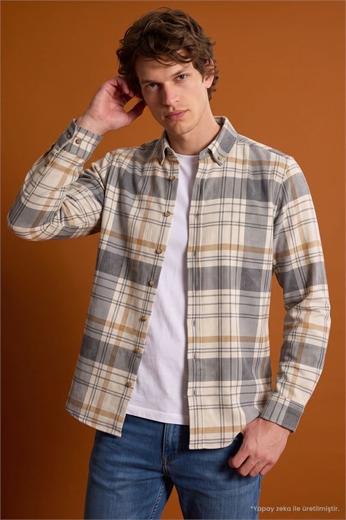 Erkek Slim Fit Dar Kesim Düğmeli Yaka Körüklü Sırt Pilesi Detaylı Kışlık Kareli Oduncu Bej Gömlek
