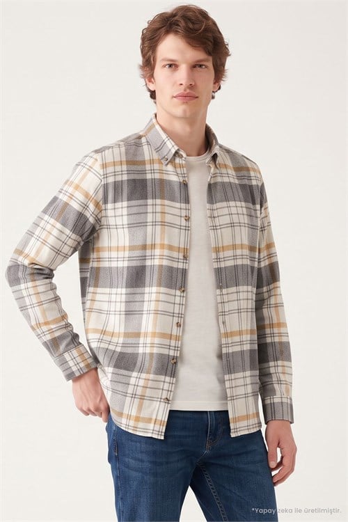 Erkek Slim Fit Dar Kesim Düğmeli Yaka Körüklü Sırt Pilesi Detaylı Kışlık Kareli Oduncu Bej Gömlek