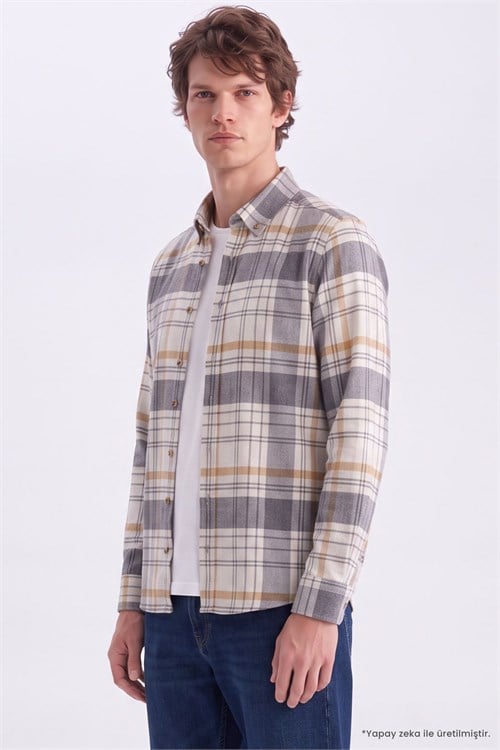 Erkek Slim Fit Dar Kesim Düğmeli Yaka Körüklü Sırt Pilesi Detaylı Kışlık Kareli Oduncu Bej Gömlek