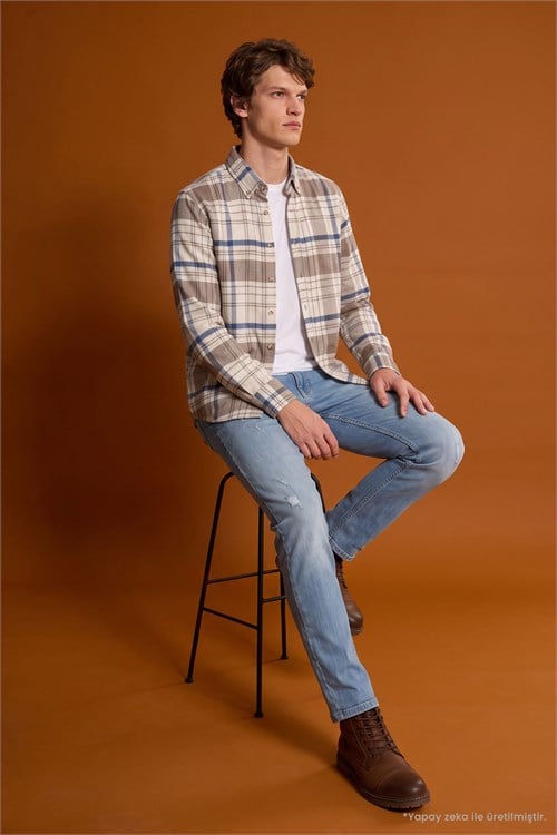 Erkek Slim Fit Dar Kesim Düğmeli Yaka Körüklü Sırt Pilesi Detaylı Kışlık Kareli Oduncu Ekru Gömlek