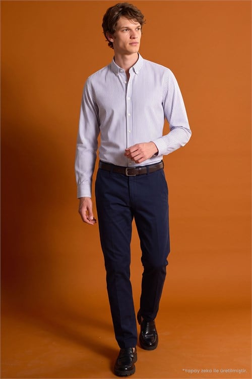 Erkek Slim Fit Dar Kesim Düğmeli Yaka Körüklü Sırt Pileli Pamuklu Uzun Kollu Mavi Çizgili Gömlek