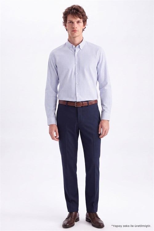 Erkek Slim Fit Dar Kesim Düğmeli Yaka Körüklü Sırt Pileli Pamuklu Uzun Kollu Mavi Çizgili Gömlek
