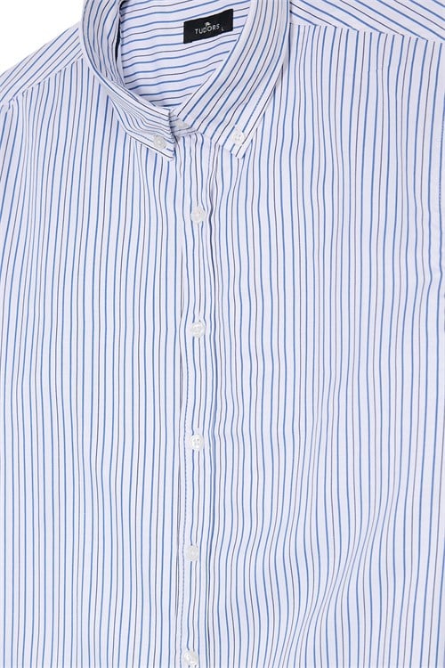 Erkek Slim Fit Dar Kesim Düğmeli Yaka Körüklü Sırt Pileli Pamuklu Uzun Kollu Mavi Çizgili Gömlek