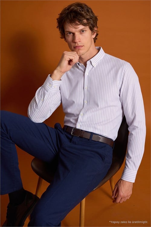 Erkek Slim Fit Dar Kesim Körüklü Sırt Pileli Pamuklu Uzun Kollu Mavi-Lacivert Çizgili Gömlek
