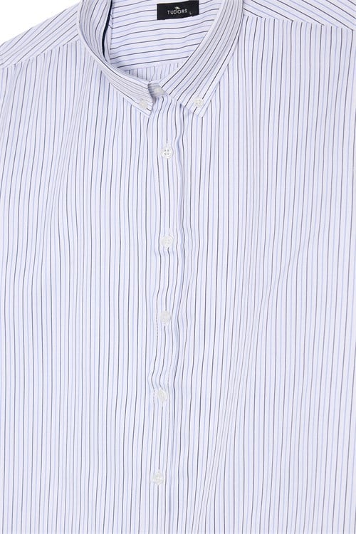 Erkek Slim Fit Dar Kesim Körüklü Sırt Pileli Pamuklu Uzun Kollu Mavi-Lacivert Çizgili Gömlek