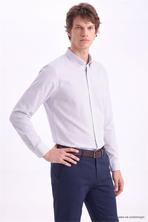 Erkek Slim Fit Dar Kesim Körüklü Sırt Pileli Pamuklu Uzun Kollu Mavi-Lacivert Çizgili Gömlek