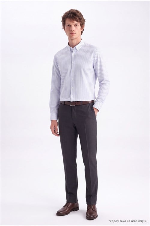 Erkek Slim Fit Dar Kesim Körüklü Sırt Pileli Pamuklu Uzun Kollu Mavi-Lacivert Çizgili Gömlek
