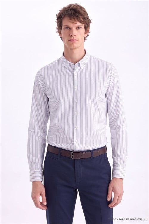Erkek Slim Fit Dar Kesim Körüklü Sırt Pileli Pamuklu Uzun Kollu Mavi-Lacivert Çizgili Gömlek