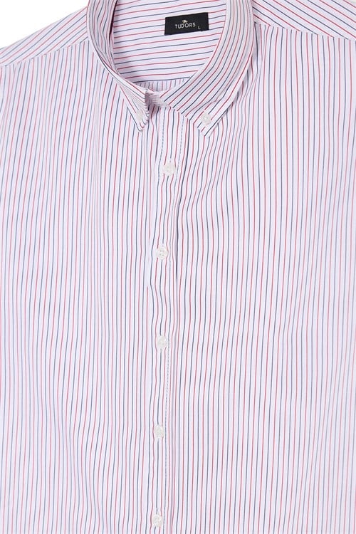 Erkek Slim Fit Dar Kesim Körüklü Sırt Pileli Pamuklu Uzun Kollu Lacivert-Bordo Çizgili Gömlek