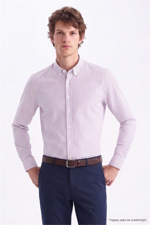 Erkek Slim Fit Dar Kesim Körüklü Sırt Pileli Pamuklu Uzun Kollu Lacivert-Bordo Çizgili Gömlek