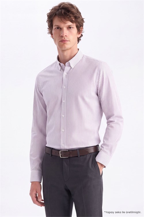 Erkek Slim Fit Dar Kesim Körüklü Sırt Pileli Pamuklu Uzun Kollu Lacivert-Bordo Çizgili Gömlek