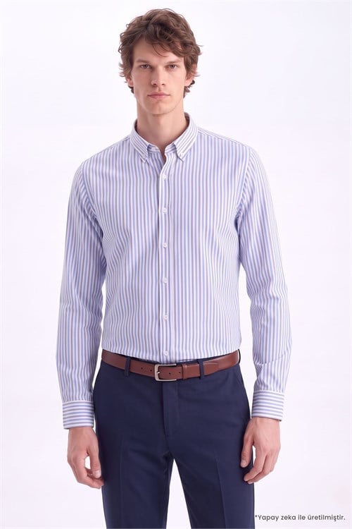 Erkek Slim Fit Dar Kesim Düğmeli Yaka Körüklü Sırt Pileli Pamuklu Uzun Kollu Mavi Çizgili Gömlek