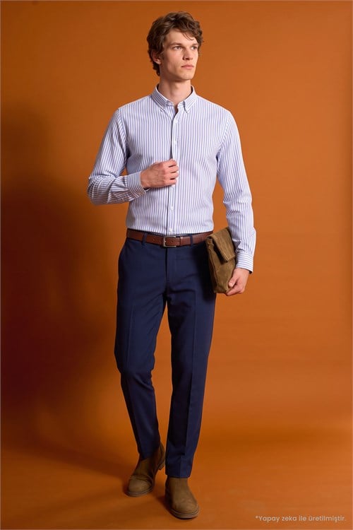 Erkek Slim Fit Dar Kesim Düğmeli Yaka Körüklü Sırt Pileli Pamuklu Uzun Kollu Mavi Çizgili Gömlek