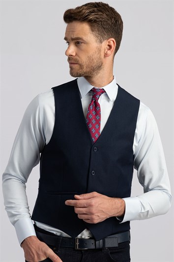 Erkek Slim Fit Düz Cepli Lacivert Yelek