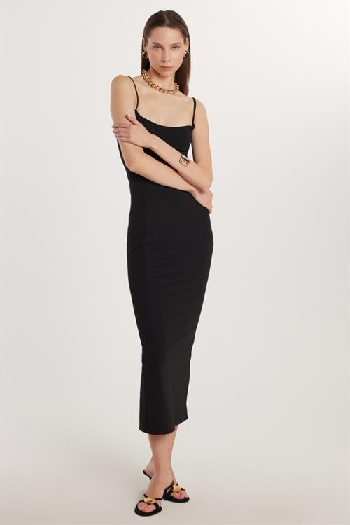 Kadın Slim Fit Dar Kesim İnce Askılı Kare Yaka Siyah Elbise