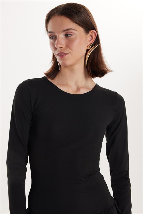 Kadın Slim Fit Dar Kesim Uzun Kollu Bisiklet Yaka Mini Siyah Elbise