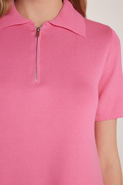 Kadın Standart Fit Kısa Kollu Fermuarlı Gömlek Yaka Pembe Elbise
