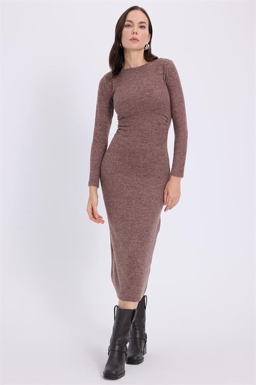 Kadın Slim Fit Dar Kesim Bisiklet Yaka Kahverengi Elbise