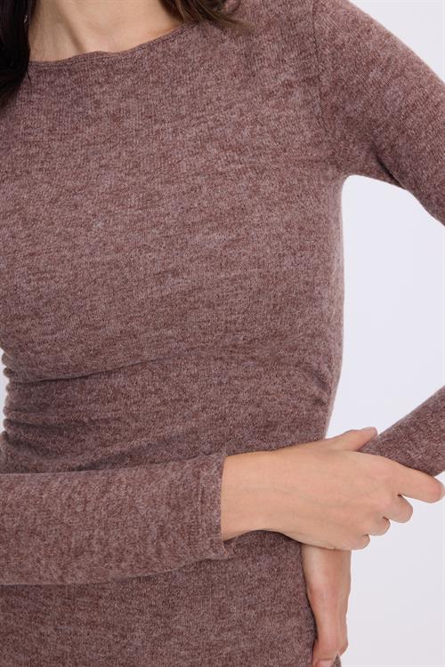 Kadın Slim Fit Dar Kesim Bisiklet Yaka Kahverengi Elbise