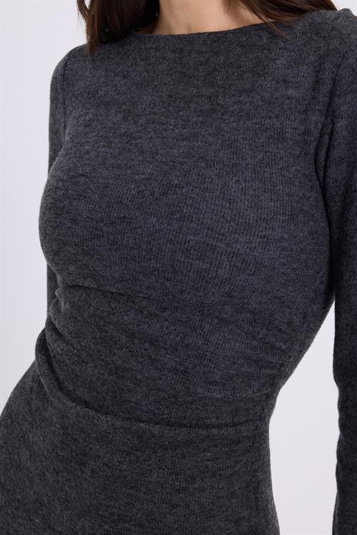 Kadın Slim Fit Dar Kesim Bisiklet Yaka Antrasit Elbise