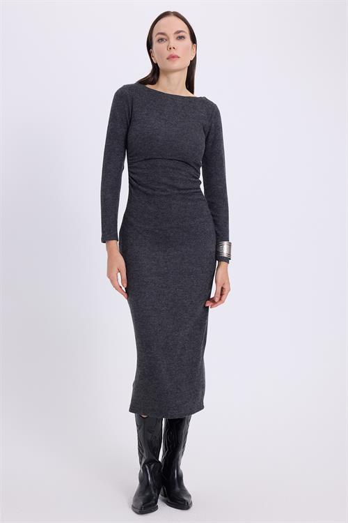 Kadın Slim Fit Dar Kesim Bisiklet Yaka Antrasit Elbise