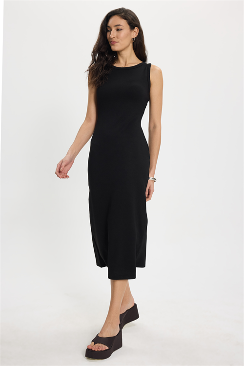 Kadın Slim Fit Dar Kesim Pamuklu Sıfır Kol Bisiklet Yaka Siyah Elbise