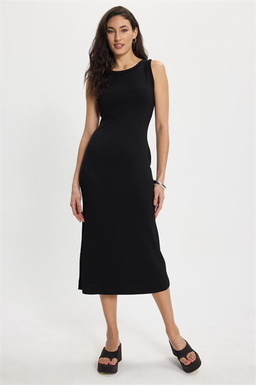 Kadın Slim Fit Dar Kesim Pamuklu Sıfır Kol Bisiklet Yaka Siyah Elbise