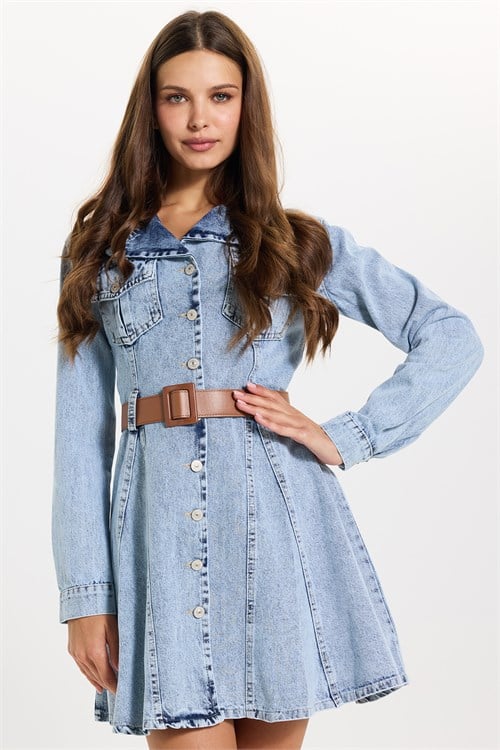 Kadın Regular Fit Klasik Kesim %100 Pamuk Uzun Kollu Volanlı Kemerli Açık Mavi Denim Elbise
