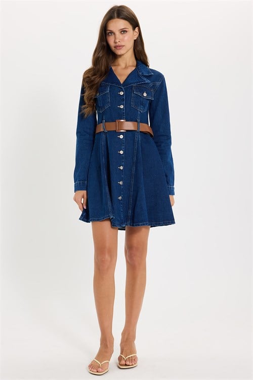 Kadın Regular Fit Klasik Kesim %100 Pamuk Uzun Kollu Volanlı Kemerli Lacivert Denim Elbise