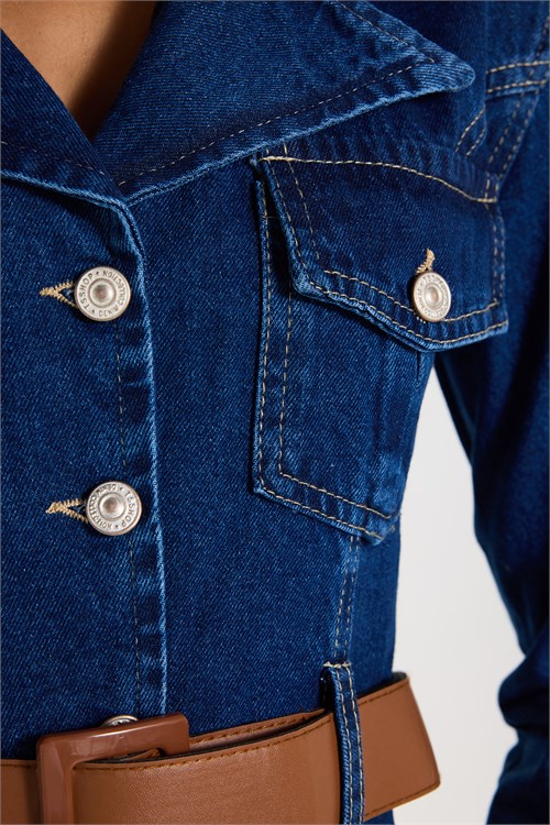 Kadın Regular Fit Klasik Kesim %100 Pamuk Uzun Kollu Volanlı Kemerli Lacivert Denim Elbise