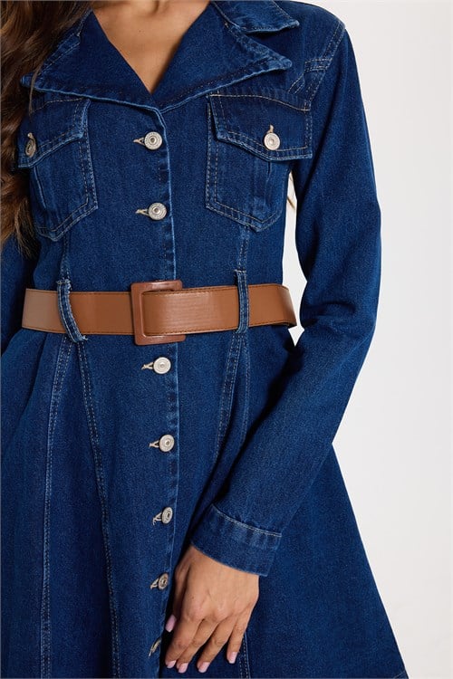 Kadın Regular Fit Klasik Kesim %100 Pamuk Uzun Kollu Volanlı Kemerli Lacivert Denim Elbise