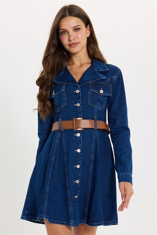 Kadın Regular Fit Klasik Kesim %100 Pamuk Uzun Kollu Volanlı Kemerli Lacivert Denim Elbise