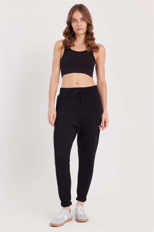 Kadın Relax Fit Rahat Kesim Şardonlu 3 Cepli Lastikli Jogger Paça Siyah Eşofman Altı