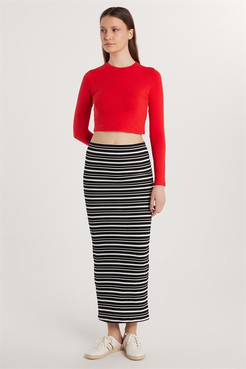 Kadın Slim Fit Viskon Çizgili Normal Bel Etek