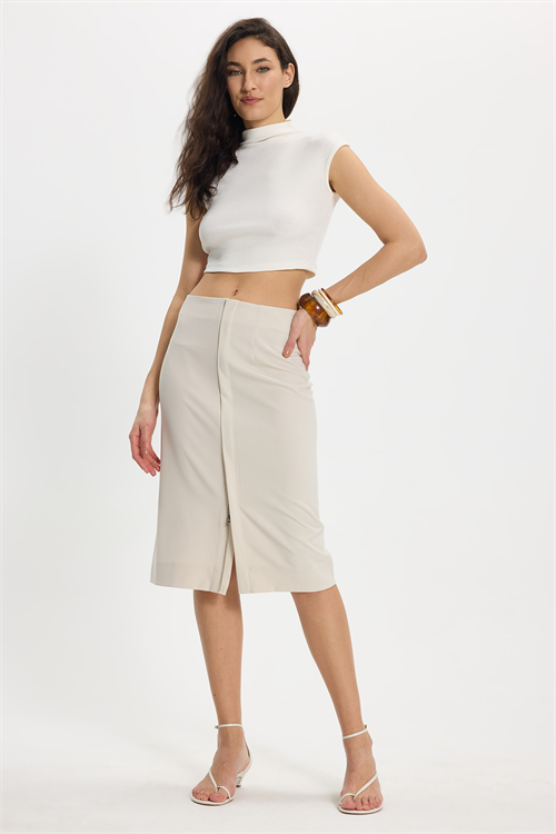 Kadın Slim Fit Önü Fermuar Detaylı Midi Boy Bej Etek